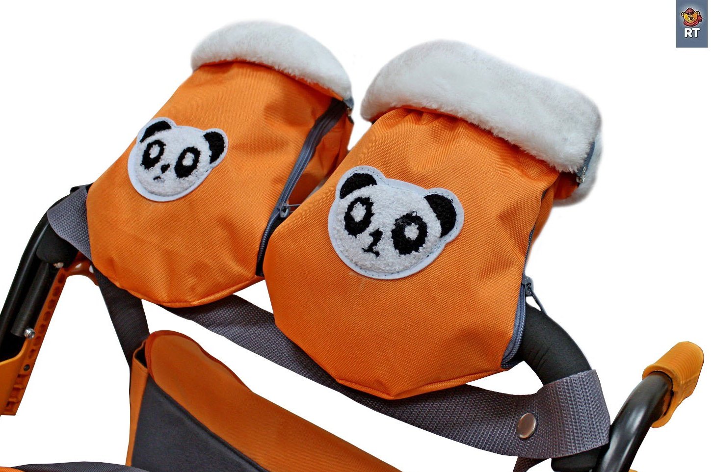 Санки-коляска Snow Galaxy City-1-1, дизайн - Панда на оранжевом, на больших надувных колёсах с сумкой и варежками  